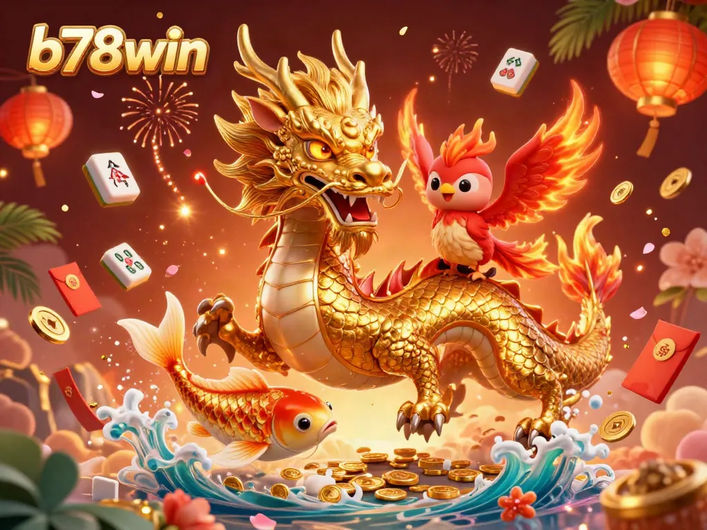 Engage with b78win's thrilling casino experience featuring a golden dragon, phoenix, and koi fish amidst vibrant gaming elements.