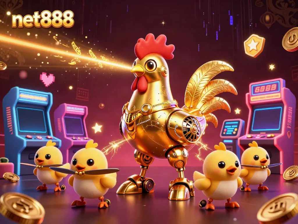 Engage in thrilling betting with net888's vibrant casino and gaming scene featuring a golden rooster robot.