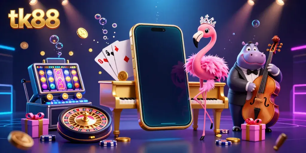 Hit the jackpot with tk88 as a flamingo lounge singer entertains amidst vibrant casino game elements.