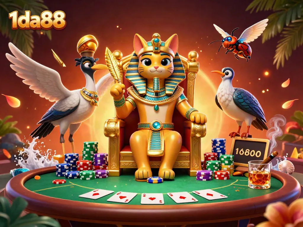 Engage in thrilling bets with 1da88, featuring an Egyptian pharaoh cat in a casino scene.