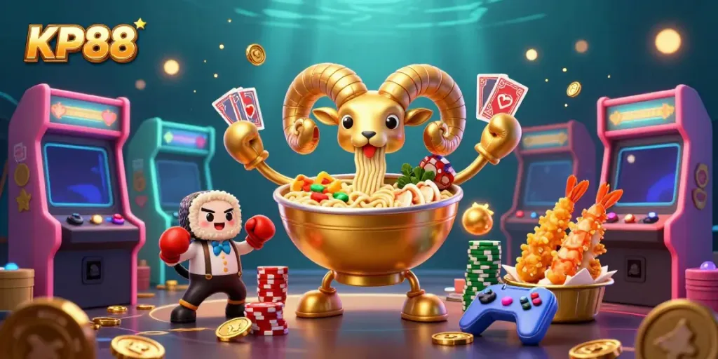 KP88 features a vibrant 3D casino scene with a ramen dealer, sushi roll, and cheerleaders surrounded by gaming elements.