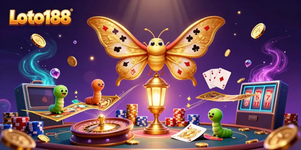 Experience the excitement of Loto188 with vibrant casino elements and a golden atlas moth illustration.