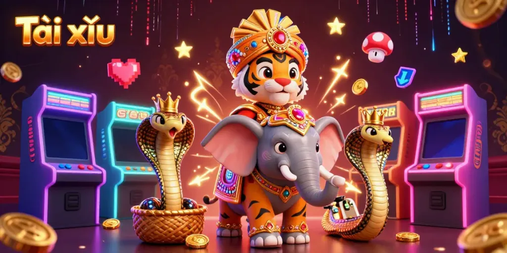 Experience the thrill of Tài xỉu with a vibrant 3D casino scene featuring a majestic tiger and jewel-encrusted elephant.