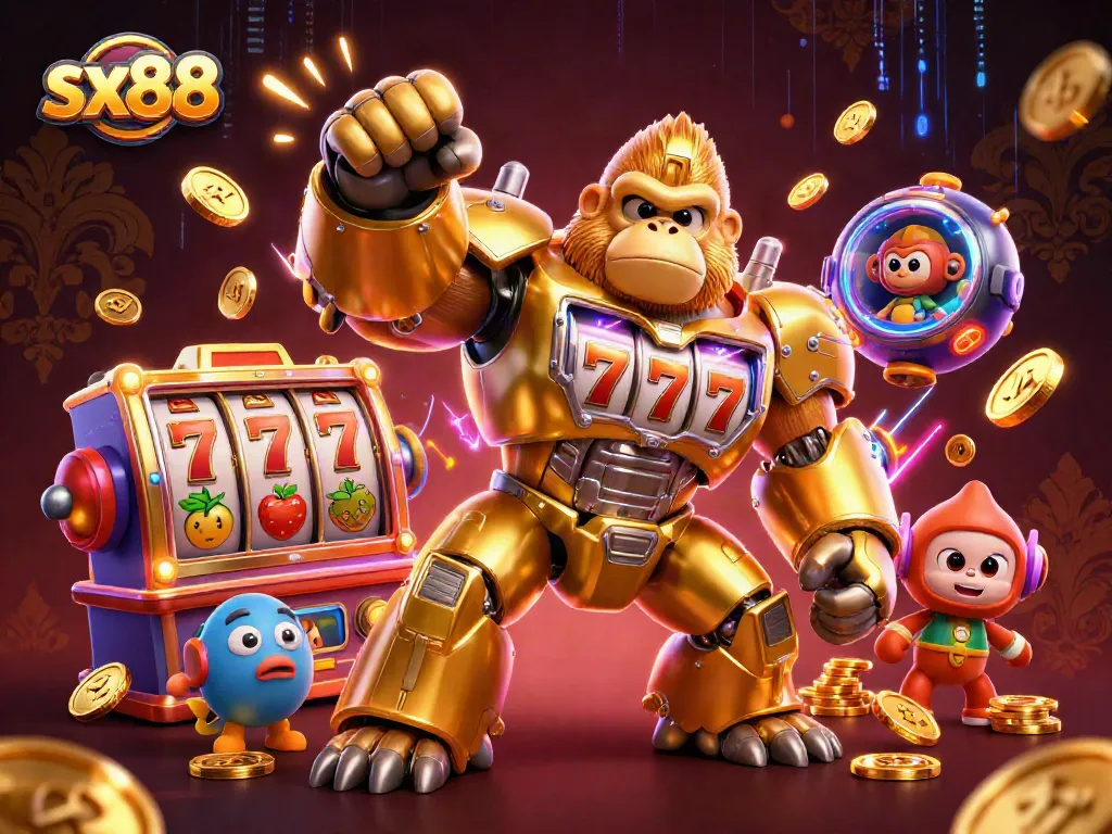 Experience thrilling action with sx88 as a golden gorilla mech celebrates jackpots, surrounded by casino elements.