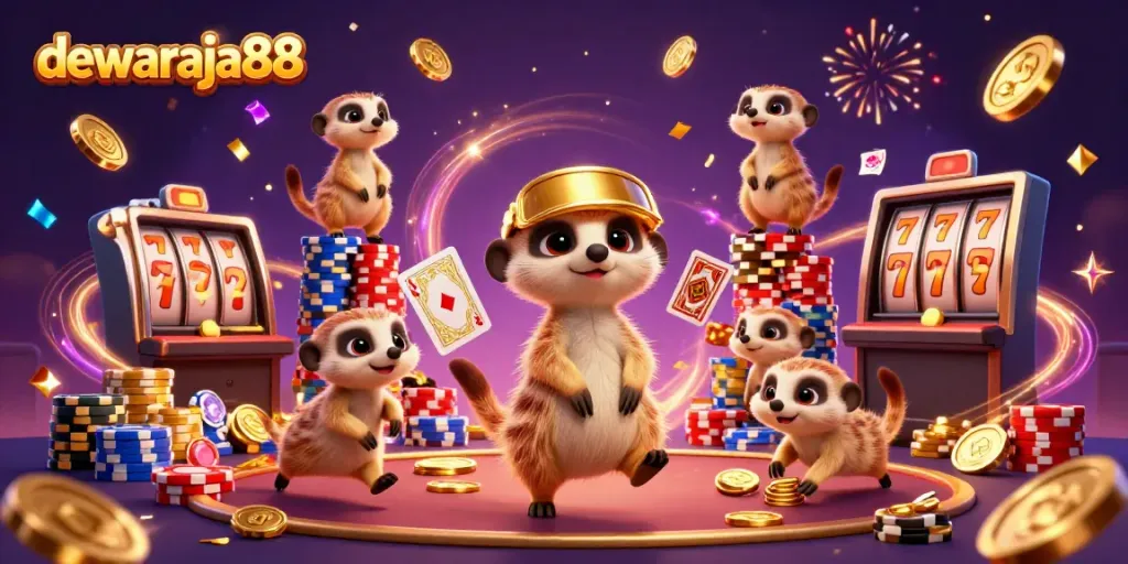 Permainan slot gacor di dewaraja88 menampilkan karakter meerkat yang menjalankan kasino yang meriah.