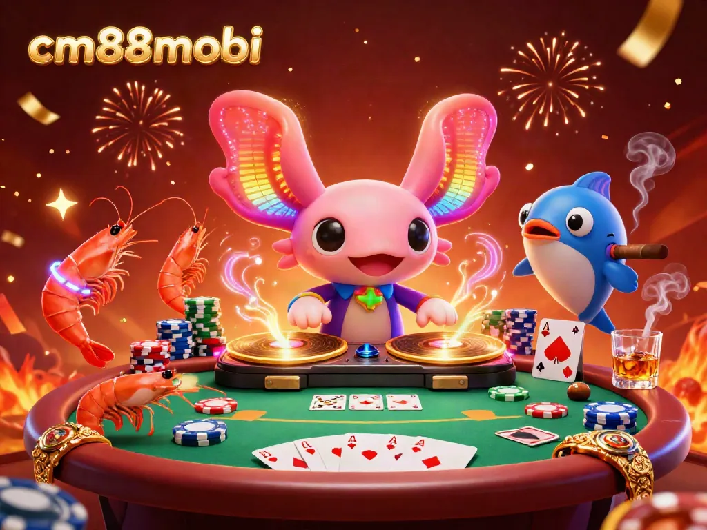 Engage with cm88mobi at a vibrant casino scene filled with fun characters, poker elements, and celebration!