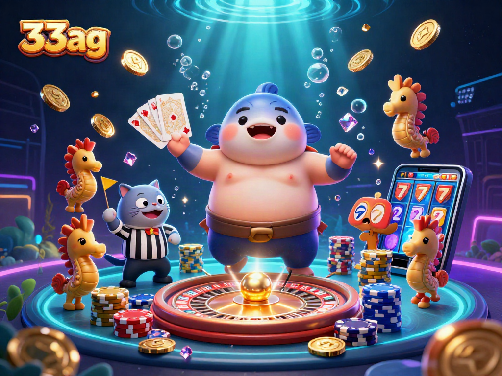 Experience the thrilling underwater casino ambiance of 33ag with vibrant fugu characters and flying chips.