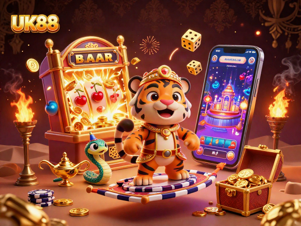 Experience the excitement of UK88 with a spectacular casino scene featuring a tiger sultan, jackpot slot machine, and overflowing treasure.