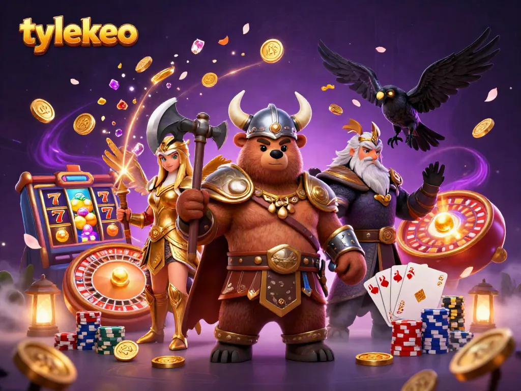 Engage with thrilling slot machine adventures at tylekeo, featuring dynamic Viking and Valkyrie characters in a vibrant casino scene.