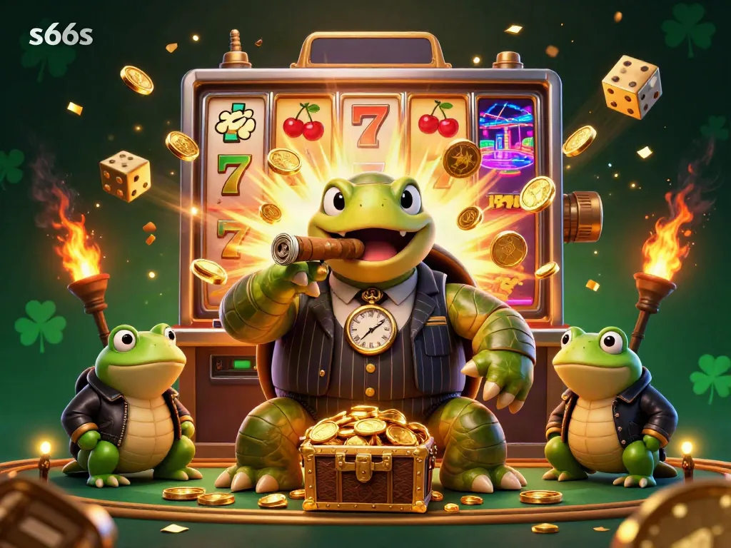 Experience big wins with s666s at a casino, featuring a turtle in a suit surrounded by overflowing jackpots.
