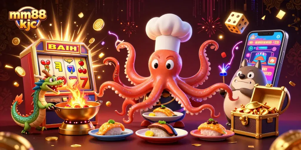 Experience the thrill of mm88 kjc with a colorful casino scene featuring an animated octopus chef and a gold jackpot!