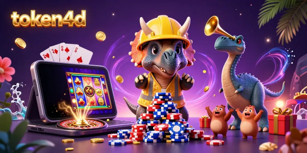 Pemain slot token4d merayakan kemenangan dalam ilustrasi kasino yang penuh warna.