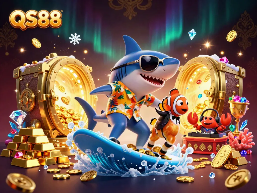 Experience the thrill of QS88 with a festive underwater scene of a shark and friends surfing on gold coins, capturing the excitement of winning.