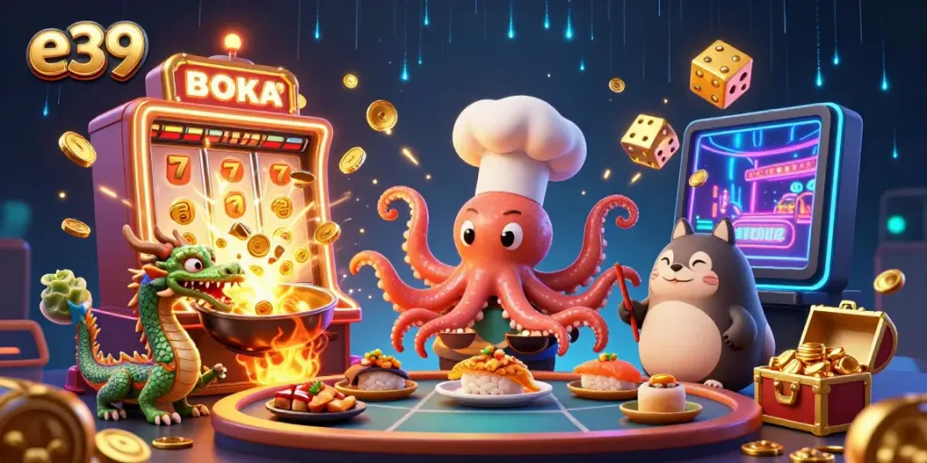 Experience e39's thrilling online casino fun with a dynamic scene featuring vibrant characters and flashy game elements.