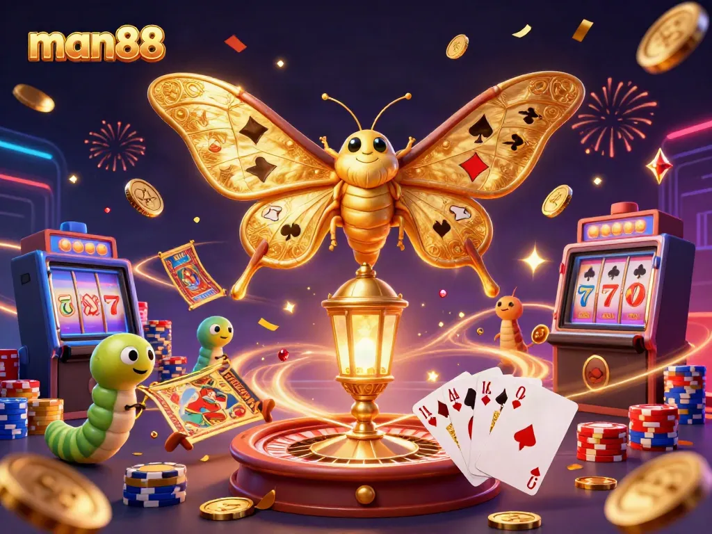 Experience the exciting casino world of man88 with golden moths and vibrant gaming elements.