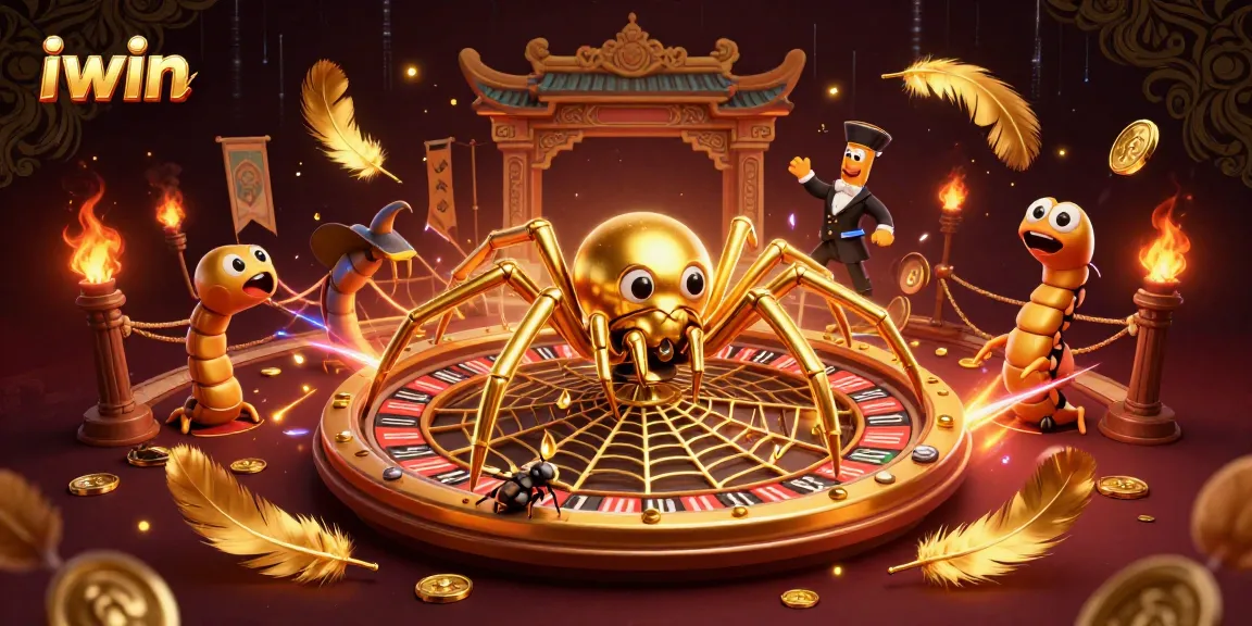 iwin reveals vibrant casino energy with a 3D spider spinning a roulette web, engaging viewers.