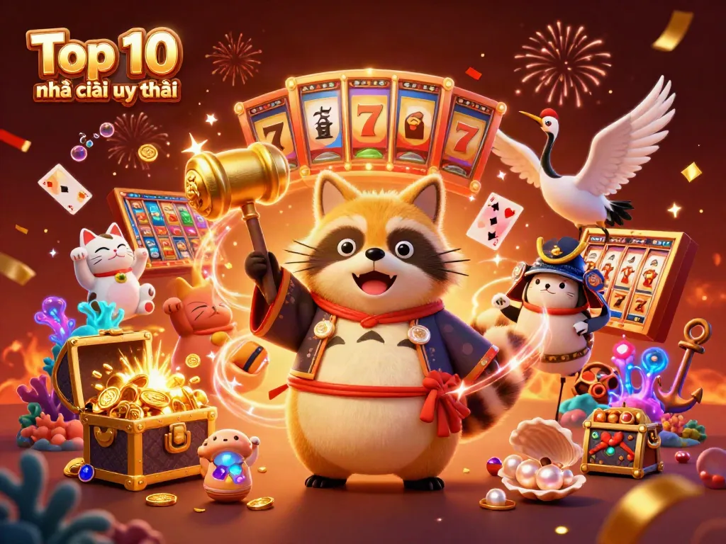 Engage with the Top 10 nhà cái uy tín featuring vibrant characters, slot elements, and festive energy in this immersive casino illustration.