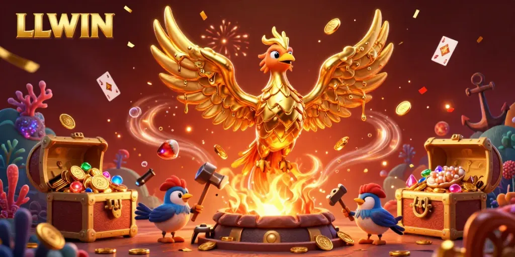 Experience LLWIN's vibrant casino world with a molten phoenix and underwater treasures in a festive, dynamic scene.