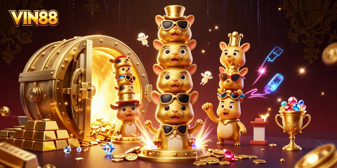 Engage with the vibrant world of VIN88 casino featuring animated characters and dynamic gold treasures.