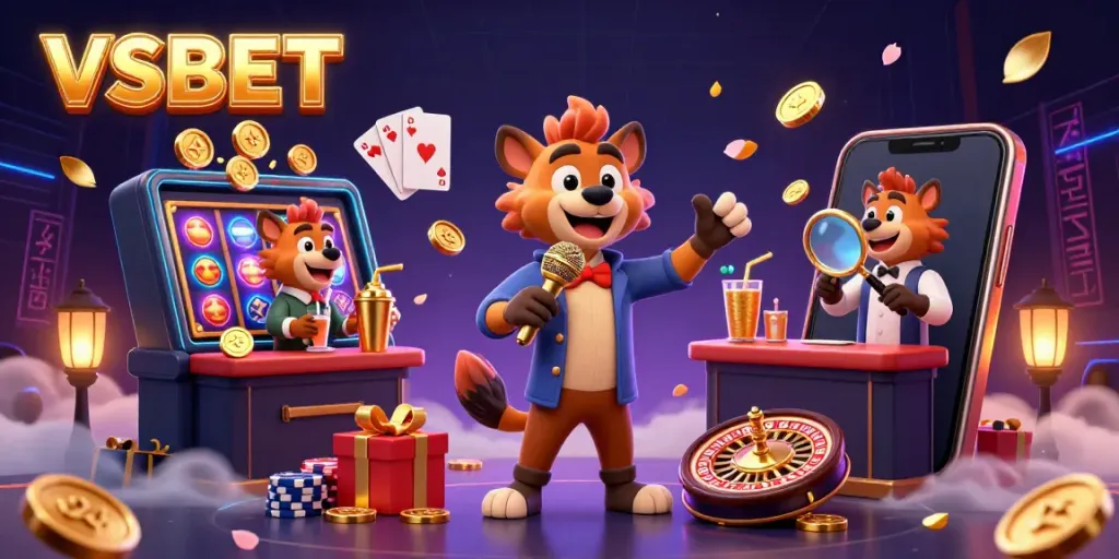 VSBET casino scene featuring animated hyenas in lively activities, amidst colorful slot games and gold coins.