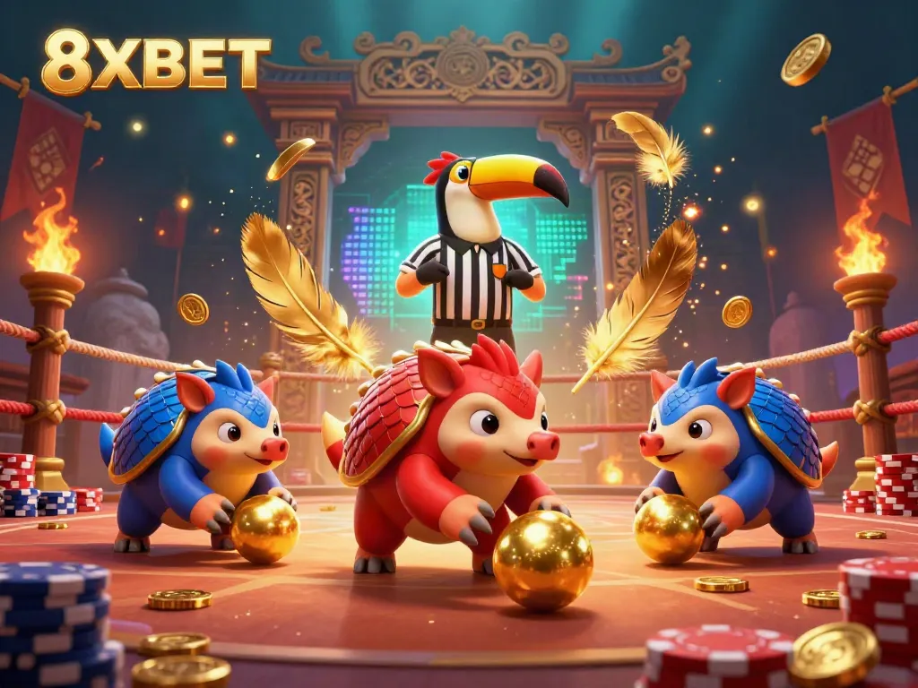 8XBET pangolins competing in a dynamic casino scene with poker chips and festive decorations.