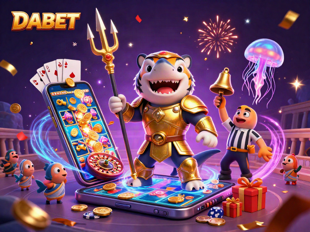 DABET showcases an exciting 3D casino scene with a tiger shark in armor and vibrant gaming elements.