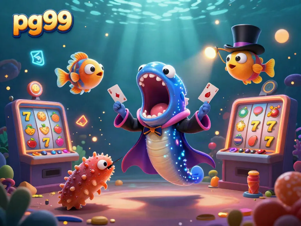 Experience the thrilling card tricks of pg99 with unique gambling characters in a vibrant casino setting.