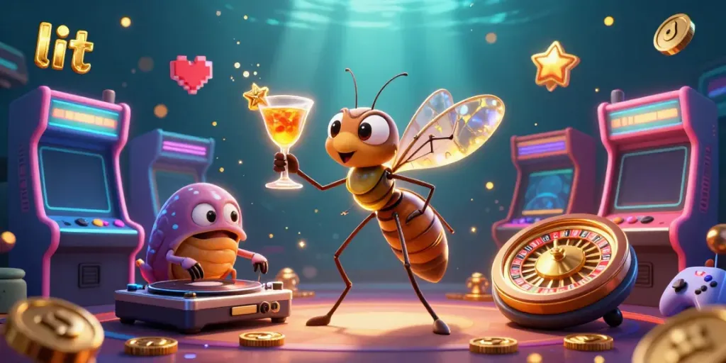 Immerse in lit casino fun with a cartoon mosquito mascot holding a cocktail amid a vibrant gaming scene.