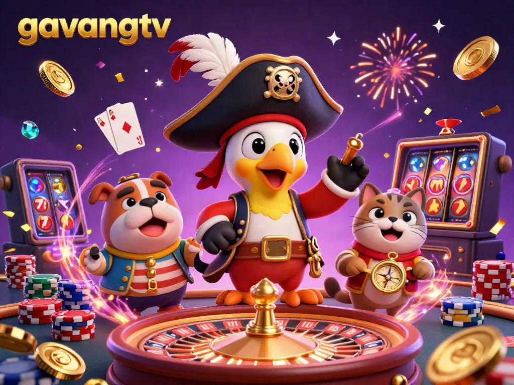 Experience thrilling action with GavangTV featuring pirates, gaming elements, and cascading gold coins.