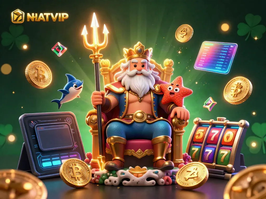 Engage with NHATVIP through this dynamic 3D illustration featuring the sea king Neptune and stunning gaming elements.