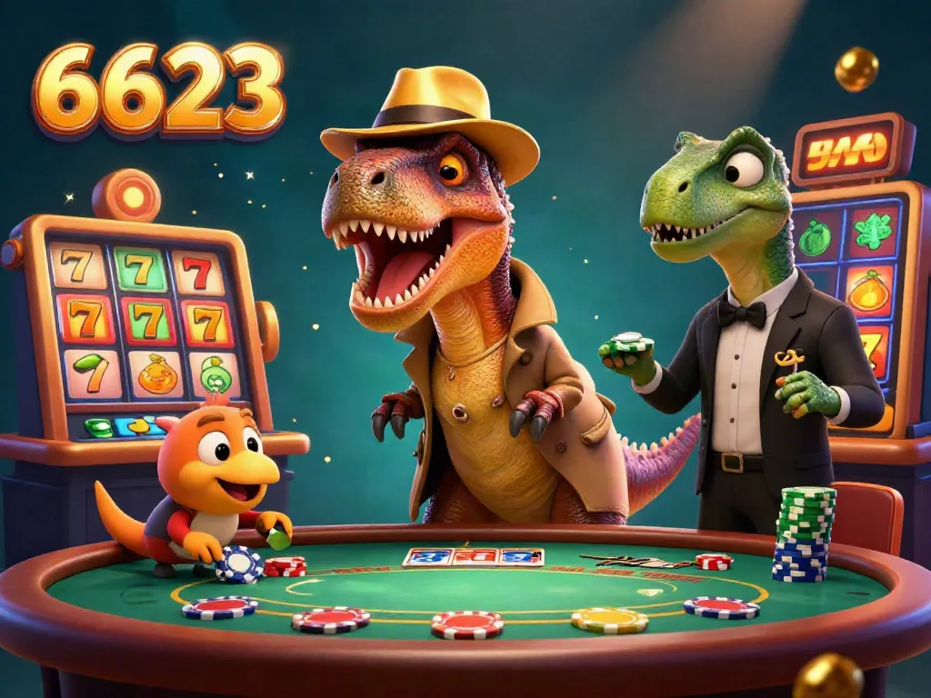 Experience thrilling 6623 casino action with a velociraptor card counter, stegosaurus pit boss, and colorful slot elements.