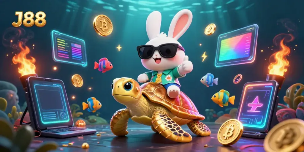 Experience thrilling wins at J88 with a festive rabbit and turtle in a vibrant underwater scene.