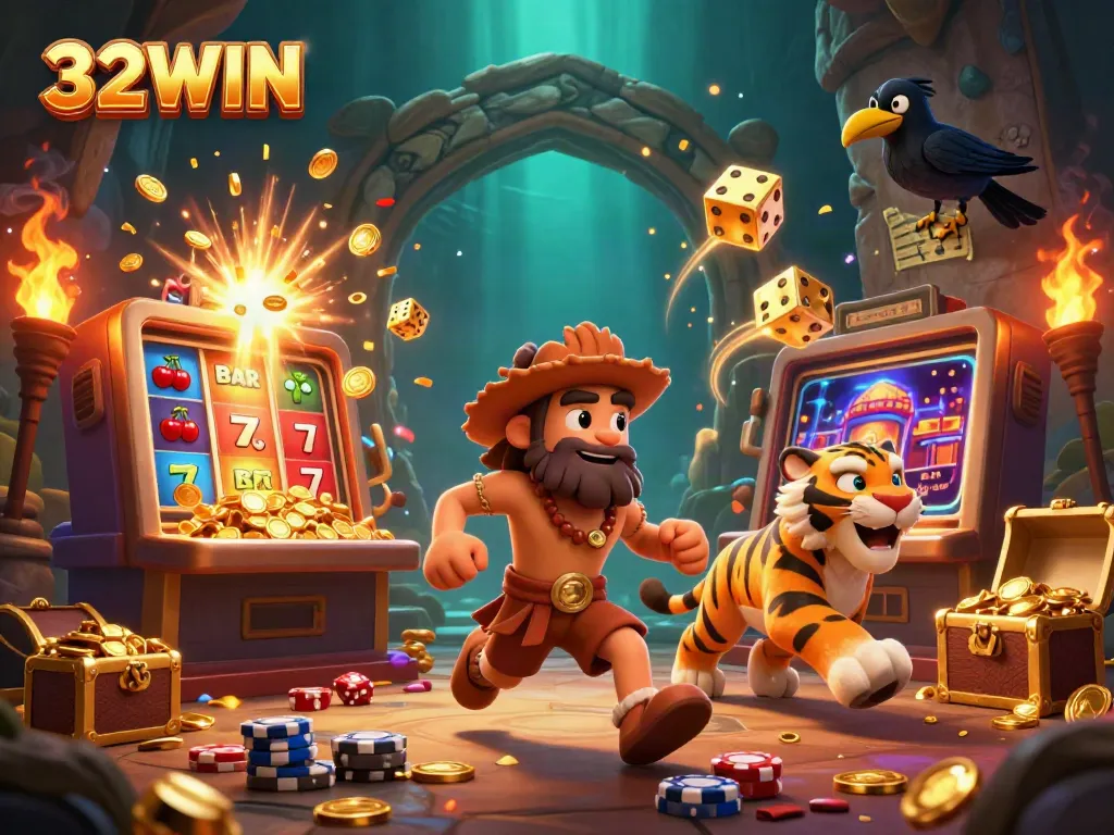 Experience the thrilling excitement of 32WIN in a vibrant prehistoric casino scene with cartoon characters and dynamic game elements.