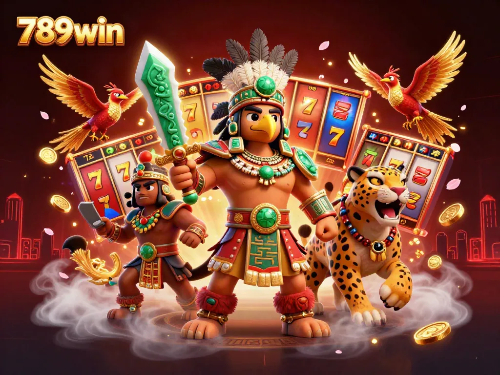 Spin to win big with 789win's vibrant slots featuring Aztec warriors and dynamic casino elements.