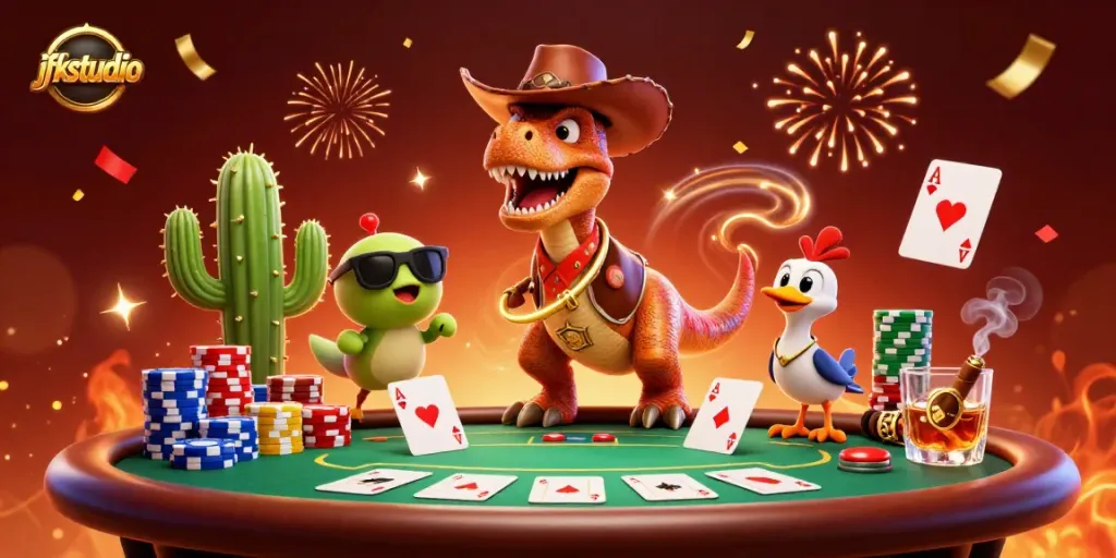 Experience thrilling gameplay with jfkstudio's animated casino adventure featuring poker and vibrant characters.