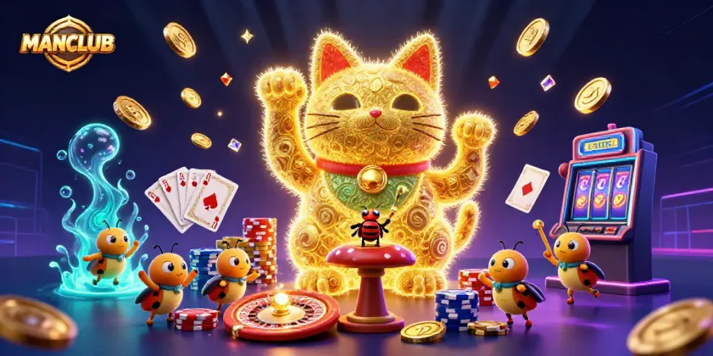 Experience the thrill of MANCLUB as golden fireflies dance around a lucky cat amidst a vibrant casino scene.