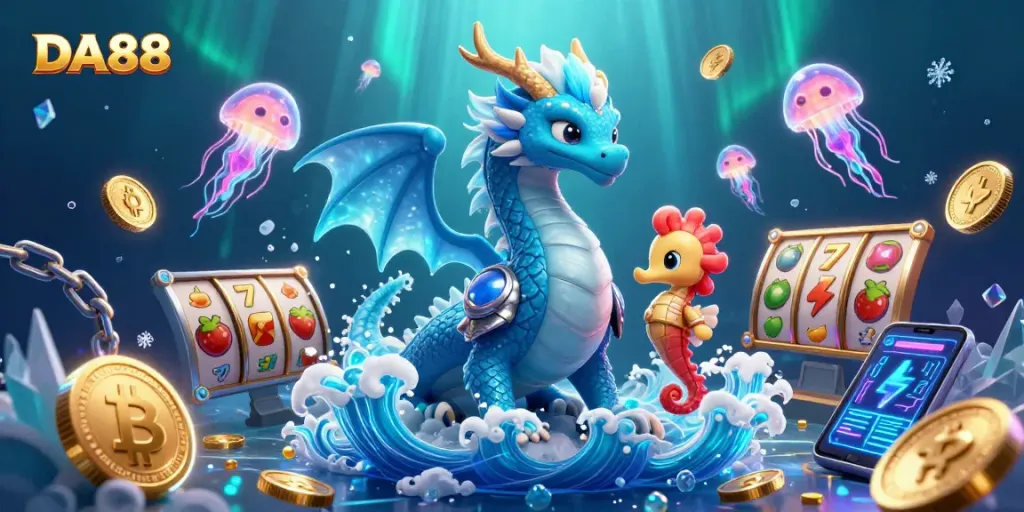 Engage with DA88's dynamic casino scene featuring mythical characters and exciting slot game elements.