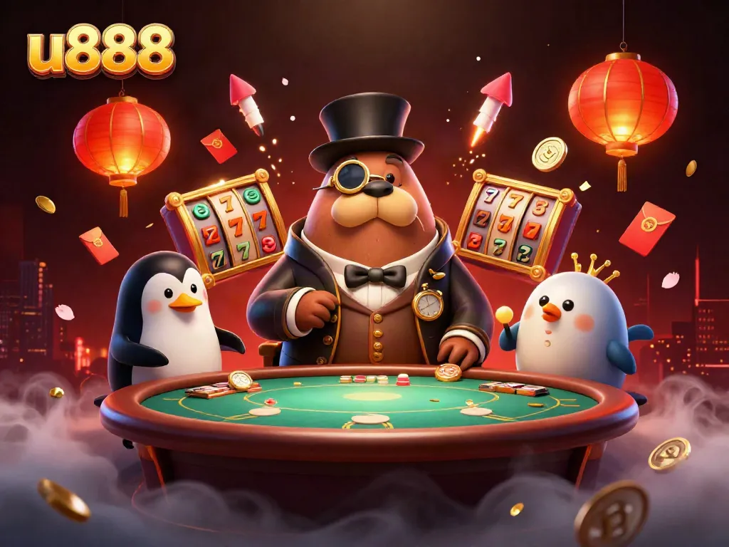 Experience thrilling poker action at u888 with a jolly walrus and a sophisticated penguin dealer in a vibrant underwater scene.