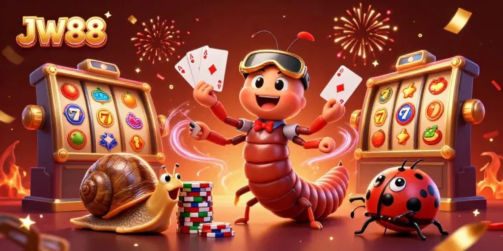 Experience the excitement of JW88 with a lively casino scene featuring unique characters and vibrant game elements.