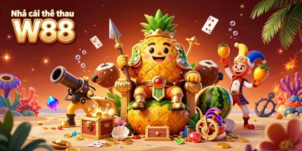 Engaging scene showcasing Nhà cái thể thao W88 with a tropical-themed illustration, featuring a golden pineapple king and dynamic casino elements.