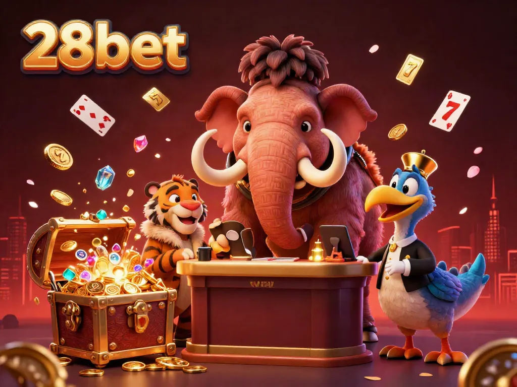 Experience the exciting world of 28bet with a vibrant illustration showcasing a unique casino scene.