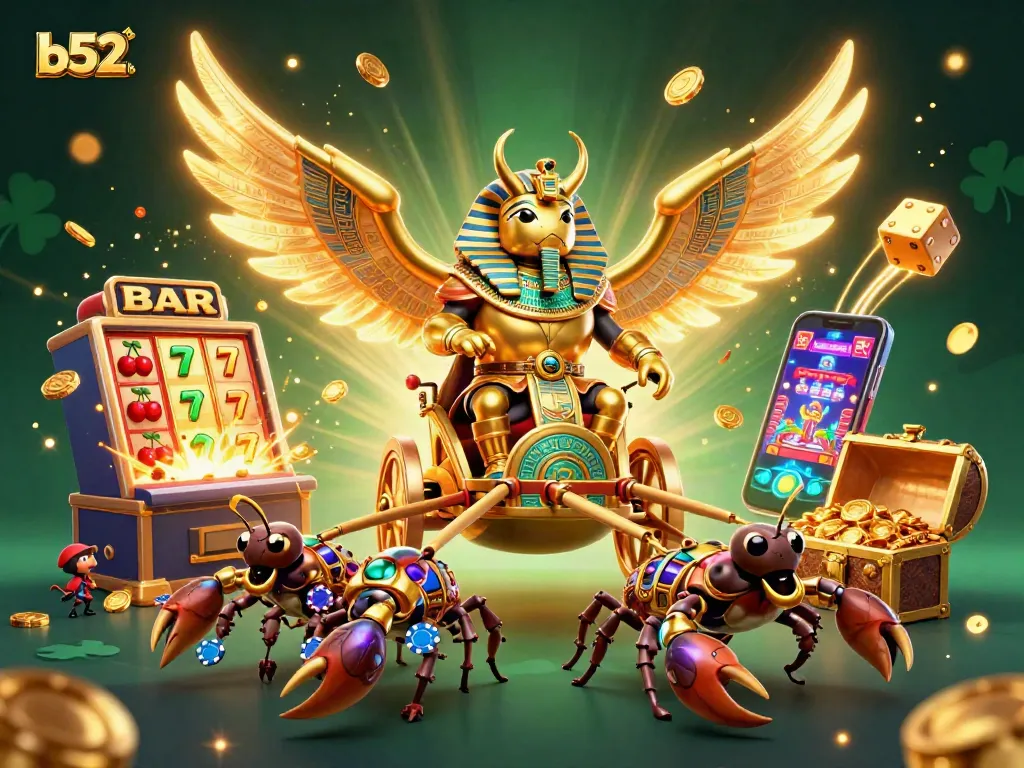 Spin and win at b52clubb with a jackpot explosion of coins and 3D pharaoh characters.