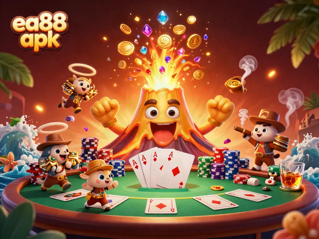 Win big with the ea88 apk in this vibrant 3D casino scene featuring a golden volcano and poker elements.