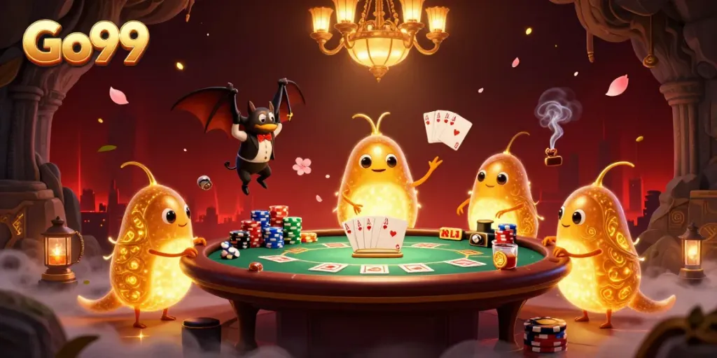 Engage with Go99's vibrant casino scene showcasing glowworms illuminating a poker table with dynamic energy.