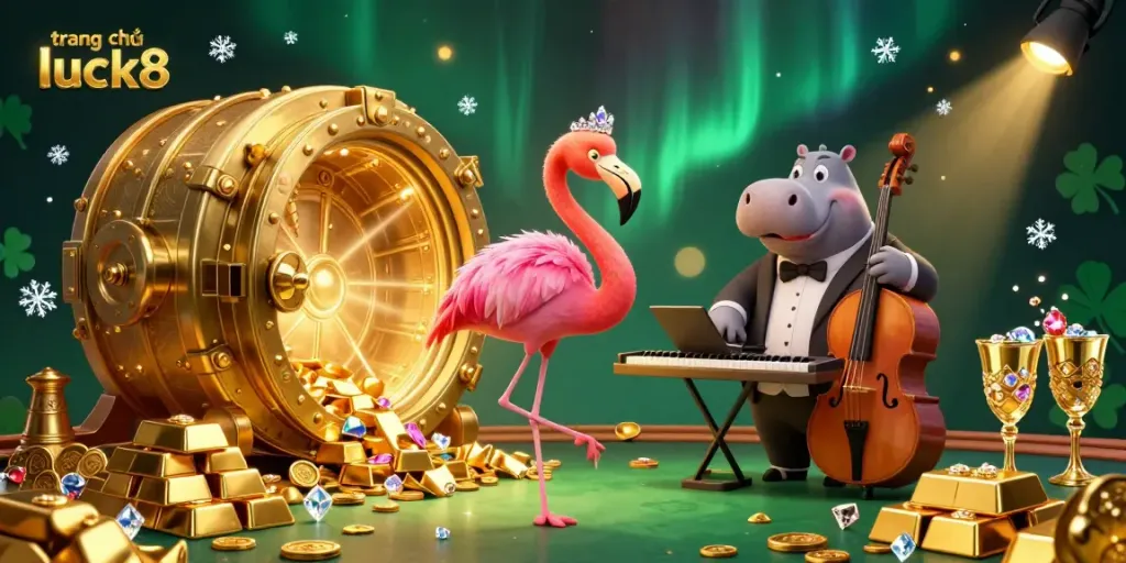 Experience vibrant energy at trang chủ luck8 featuring a lively flamingo and hippo in a dazzling casino scene.