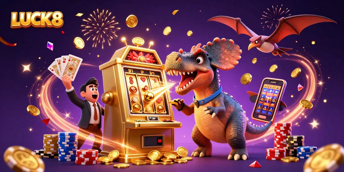 LUCK8 slots scene features a dinosaur celebrating jackpot winnings with cascading coins.