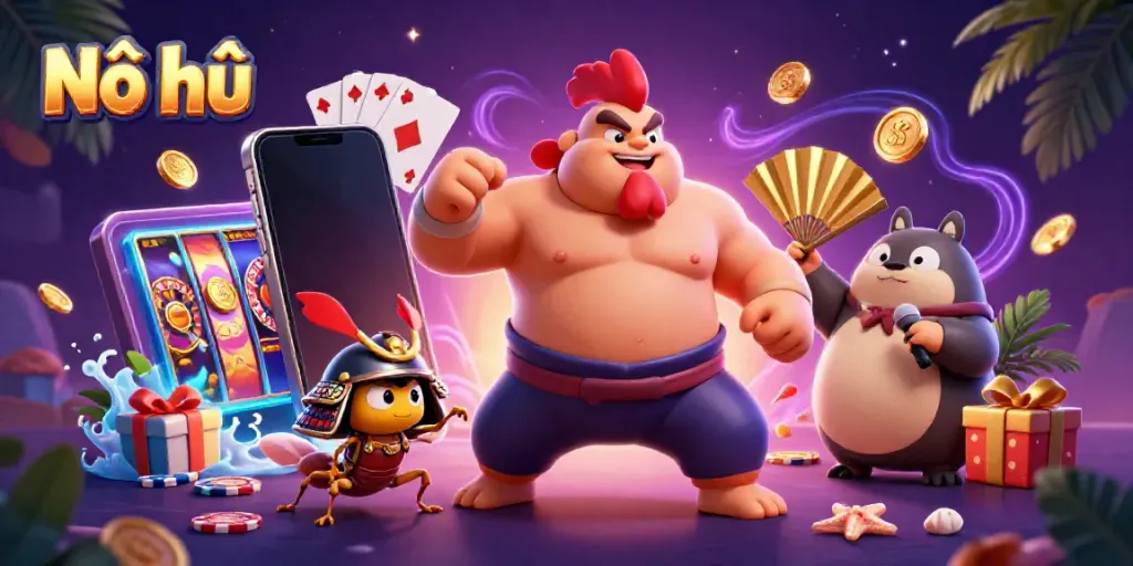 Nổ hũ game's festive scene showcasing a powerful sumo rooster amidst vibrant gaming elements