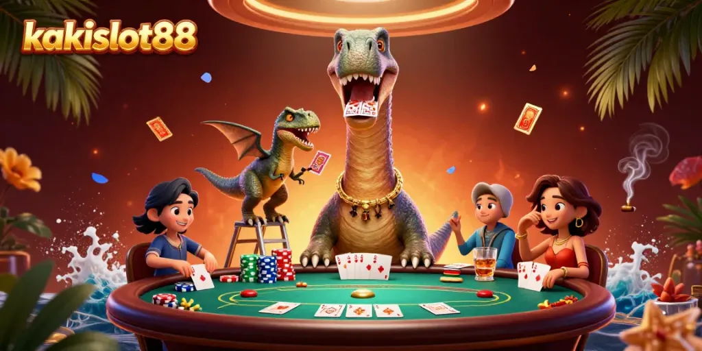Gambarlah permainan kasino kakislot88 dengan dinosaurus 3D bernama brontosaurus yang menjulang tinggi di atas meja poker.