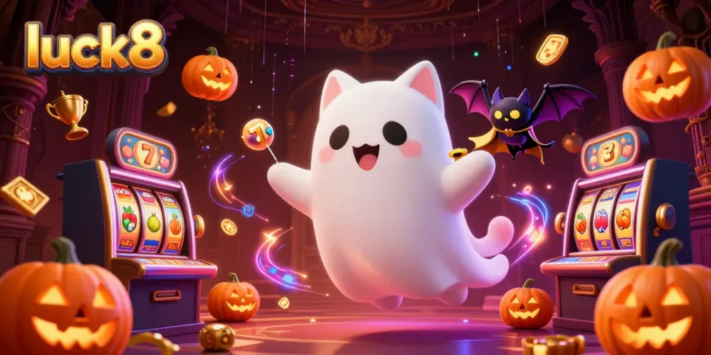 Experience thrilling gameplay at luck8 with a friendly ghost cat and vibrant casino elements.