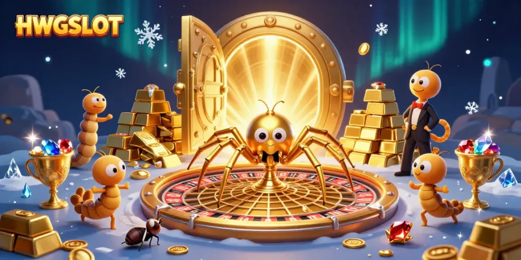 Engage with HWGSLOT's dynamic gaming scene featuring a golden spider, bets, and treasure elements.